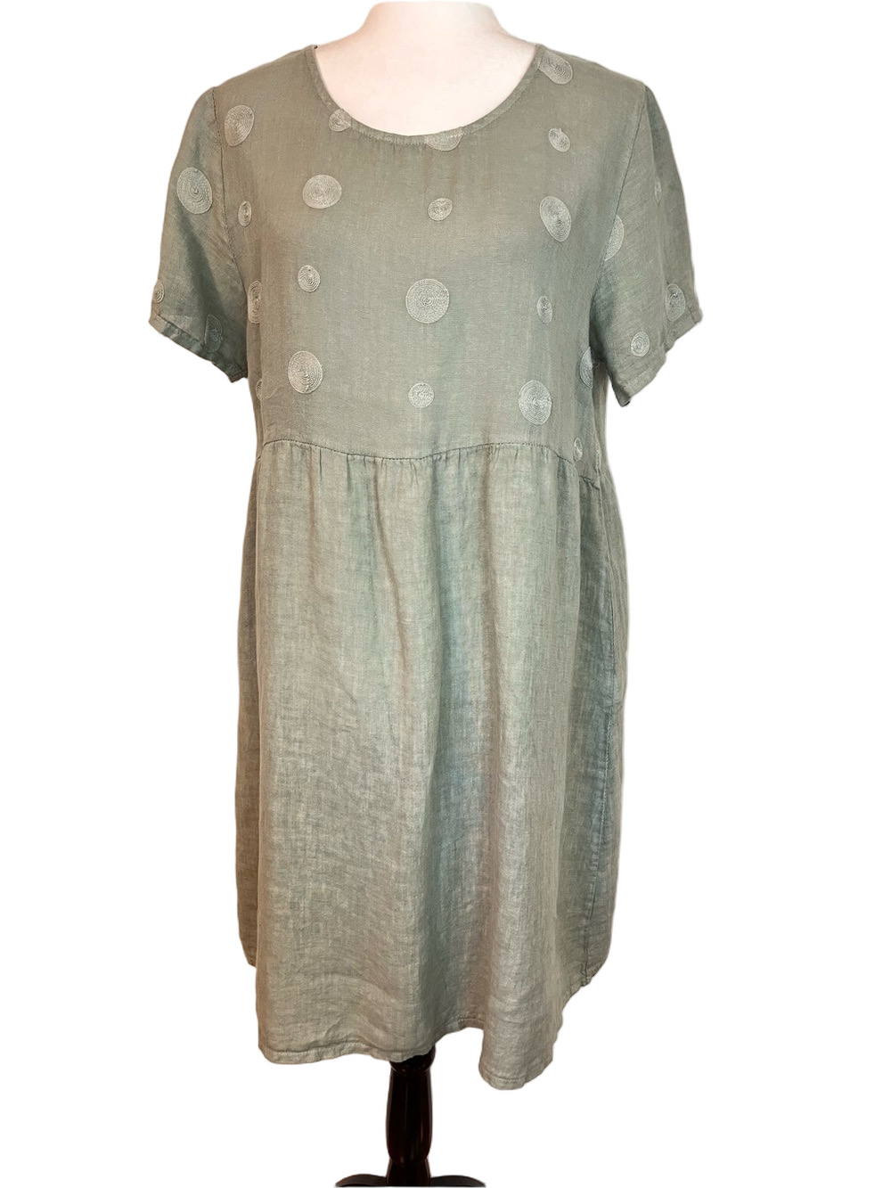 Terzo Millennio 100% Linen Sage Green Embroidered Dot Midi Dress Small Lagenlook